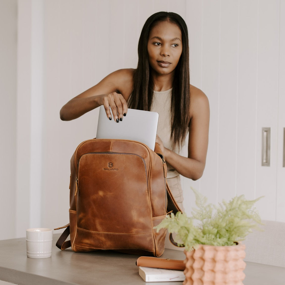 Balvaro Minimalist Leather Laptop Backpack