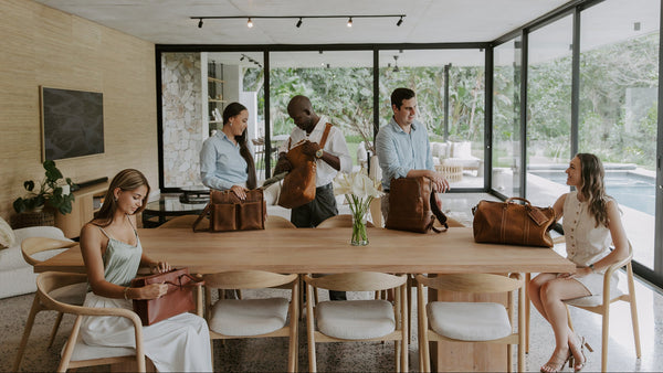 Group of people with Balaro luggage in a modern living room